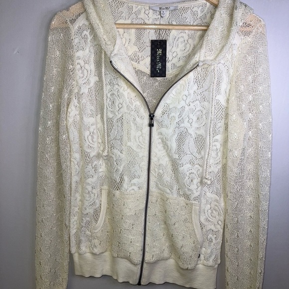 NWT Miss Me Lace Zip Hoodie Cream Ivory Sweater Sheer Knit Hooded Jacket M Boho - Picture 1 of 7